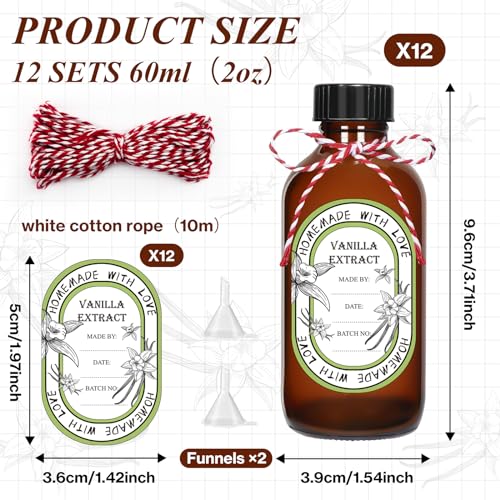 12 Pack 2 oz Vanilla Extract Bottles with Black Poly Cone Caps and 12 Pcs Vanilla Extract Stickers, 60ml Boston Round Sample Bottles for Homemade Vanilla Extract, Essential Oils, Herbal Medicine (2oz)