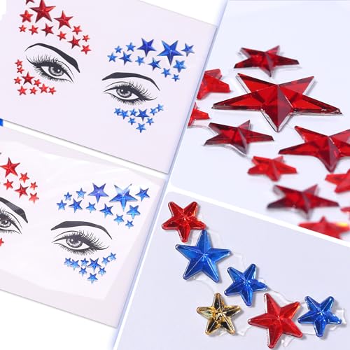 Independence Day Face Gems,4th July Fece jewelry Red Blue Star Tattoo Sticker rhinestones for Women Kids Parade Makeup Party Decoration 2 pcs