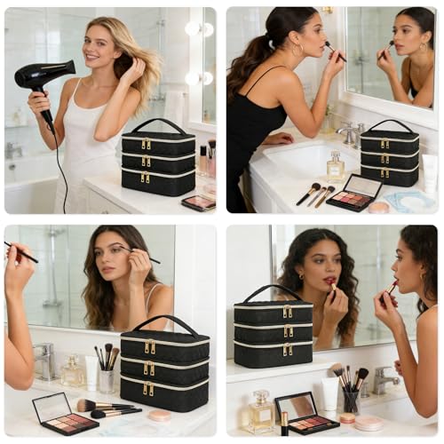 Travel Makeup Bag for Women Three Layer Large Cosmetic Case Water-resistant Toiletry Bag Organizer for Store Toiletries Cosmetic Accessories and Manicure Sets Black