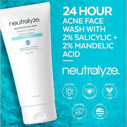 Neutralyze Moderate to Severe Acne Face Wash 2.0 - Maximum Strength 2% Mandelic Acid & 2% Salicylic Acid Facial Cleanser for Acne Prone Skin - Suitable for All Skin Types, Teens & Adults (5 FL OZ)