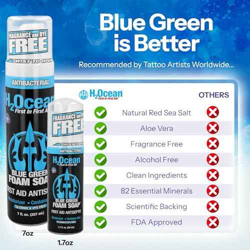H2Ocean Blue Green Foam Soap - Tattoo Foam Soap for Tattoo Aftercare - Tattoo Care with Aloe Vera - Tattoo Moisturizer Soap - 7 oz