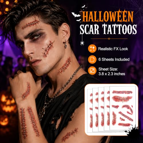 Zombie Scar Tattoos - 6 Pack Realistic Halloween Face Scars
