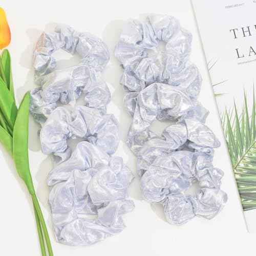 24 PCS Shiny Metallic Hair Scrunchies Bulk, Cheer Scrunchies Hair Accessories Cheerleading Hair Ties Elastics for Women Cheerleading Teams (Silver)