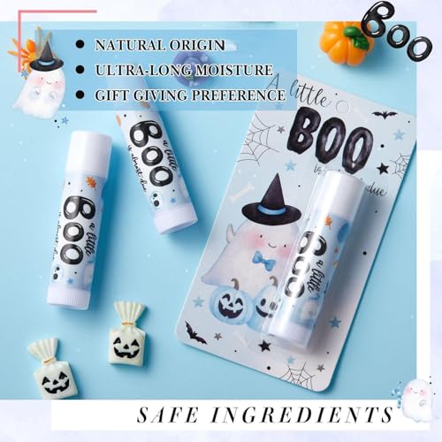 24 Pcs Halloween Baby Shower Favors a Little Boo Is Almost Due Baby Shower Gifts Girl Boy 0.15oz Lip Balms Bulk for Prizes Gender Reveal Souvenirs Gift Bags Stuffers Supplies (Blue)