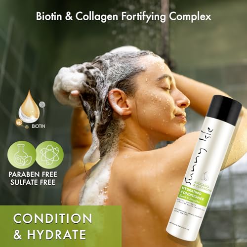 Sunny Isle Avocado & Collagen Hydrating Conditioner 10.1oz | Biotin, Collagen, Jamaican Black Castor Oil Infused | Anti-Breakage Growth Formula | Smooths, Strengthens