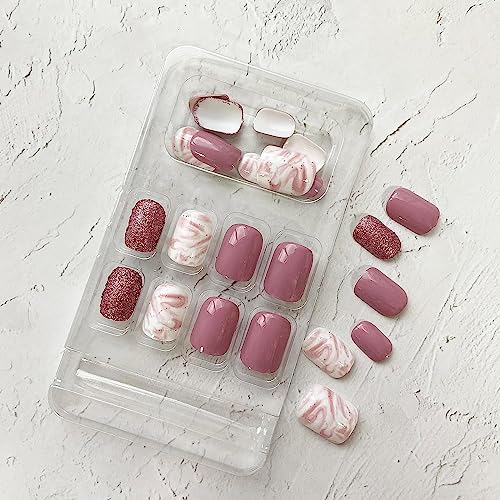 Extra Short Press on Nails Square Fake Nails with Glitter Pink White Designs Glossy Acrylic Glue on Nails Glossy False Nails Full Cover Stick on Nails Artificial Static Nails for Women 24Pcs