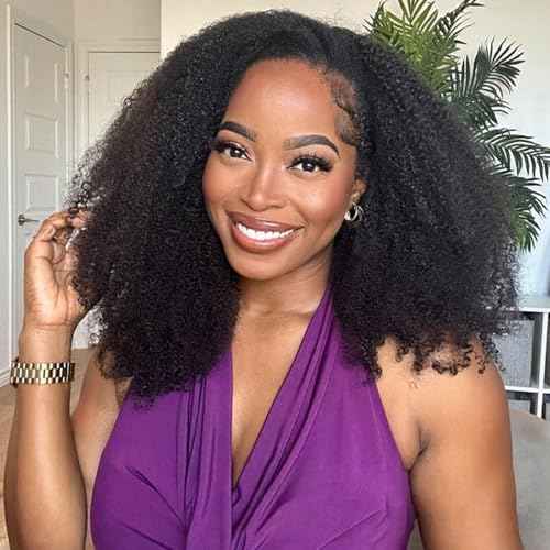 BGM GIRL Half Wig Human Hair Kinky Curly 3 in 1 Wigs Beginner Friendly Flip Over Drawstring Glueless Wig Kinky Curly Ready to Go Seamless Clip in Wigs Natural Black Color 22 Inch