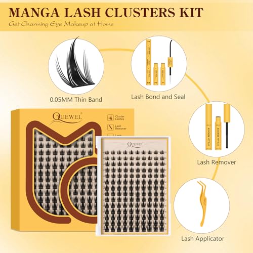 QUEWEL Manga Lash Clusters Kit 140pcs 10-18mm w/ Bond & Seal