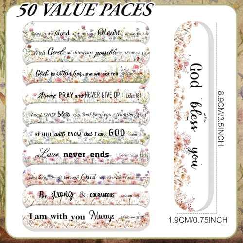 50 Pcs Christian Gifts for Women Bulk Christian Nail File Bulk Mini Bible Scripture Emery Board Nail Files Religious Appreciation Gifts for Employee Teacher Staff Coworker Women (Wildflower)