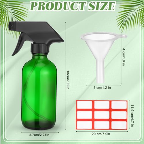 Norme 12 Pcs 8 oz Glass Spray Bottles with Funnels and Labels Refillable Cosmetic Empty Spray Bottles with Sprayer Containers for Essential Oil Cleaning Solutions(Green,Classic)