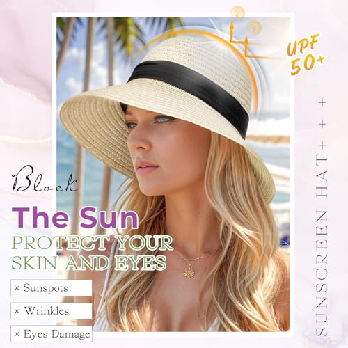 Cephermer Women's Sun Hat with Detachable Wavy Hair Extension - Foldable Beach Cap