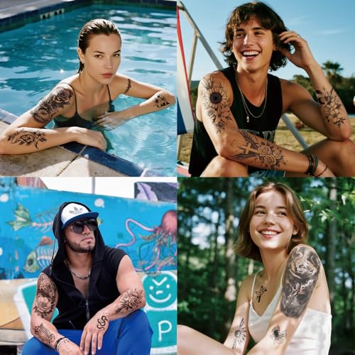 92 PCS Black Flowers Temporary Tattoos Adult Women Girl Teens 3D Temp Realistic Sunflower Rose Cross Leopard Snake Fake Tattoos, Butterfly Peony Floral Leaf Serpent Tatoo Sticker Men Long Lasting