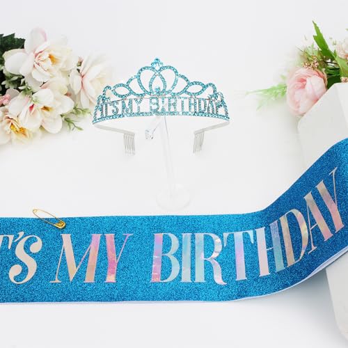 BAHABY It's My Birthday Sash & Rhinestone Tiara Set Princess Birthday Sash and Tiara for Women Birthday Decorations (Black)