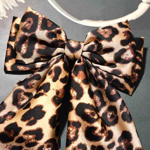 Furling Pompoms Hair Bows for Women Big Bow Hair Clips for Girls Long tail Hair Ribbon Satin Leopard Hair Bow Barrette Cute Hair Accessories Gifts, Pack of 2 (Camel)