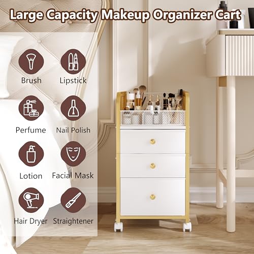 Rolling Makeup Organizer Cart with 3 Drawers - Gold