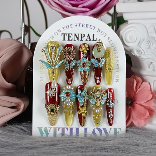 10Pcs Heirloom Chinese Bridal Press On Nails With Tools,Red Gold Phoenix Dragon Designs Fake Nails Long Stiletto,Full Crystals Heavy Relief Luxury Wedding Set Glue on Nails for Cheongsam(S)