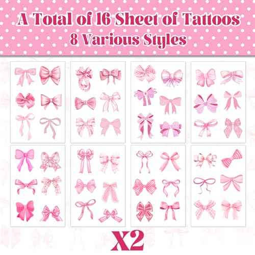 96 PCS Pink Coquette Bows Temporary Tattoos Stickers, Pink Bow Party Favors Coquette Bow Birthday Party Decorations Supplies for Adults Women, 16 Sheets