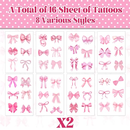 96 Pc Pink Coquette Bow Temporary Tattoos - Party Favors