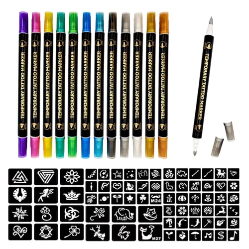 Temporary Tattoo Markers Skin Kit, 12 Pens + 72 Stencils