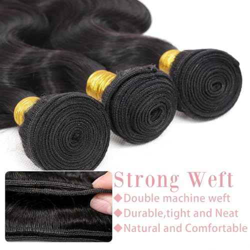 12A Body Wave Bundles Human Hair 16 18 20 Inch Human Hair Bundles 100% Unprocessed Brazilian Virgin Hair Body Wave 3 Bundles Human Hair Extensions Natural Black