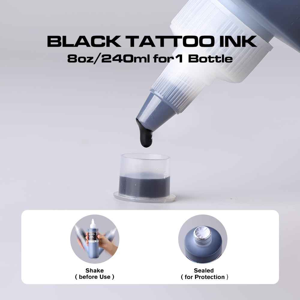 CNC 8oz Black Tattoo Ink Set 240ml Pure Black Vegan-Friendly Pigment Professional Tattoo Supplies for Lining, Shading, Blending Premium Skin-Safe Inks TI6003-240-001