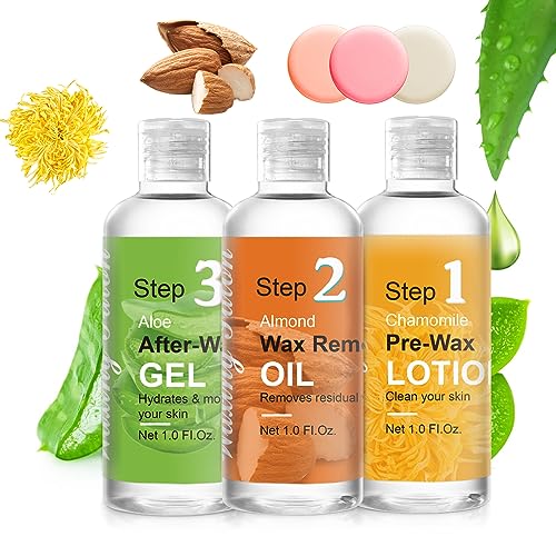 Before And After Waxing Skin Care Products, Chamomile Pre Wax Cleanser Lotion, Almond Oil Moisturizing Wax Remover, Post Wax Cooling Aloe Vera Gel, 3 Bottles Hair Removal Waxing Kit for Women