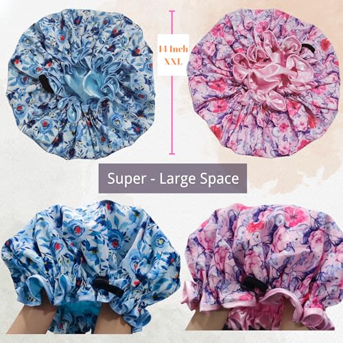 Luxury Shower Cap for Women Reusable Waterproof, 2 PCS Extra Large Double Layered Shower Caps for Long Hair with Adjustable Elastic Strap, Large Satin Lined Shower Bath Cap for All Hair Lengths