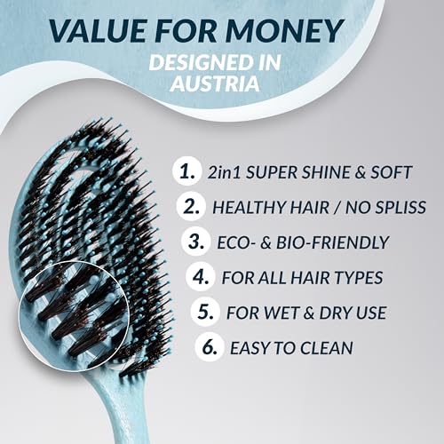 Blue MarQus Detangle Boar Hair Brush for Women & Men - Soft Bending Bristles, Eco-Friendly, Wet & Dry Hair, 1pc