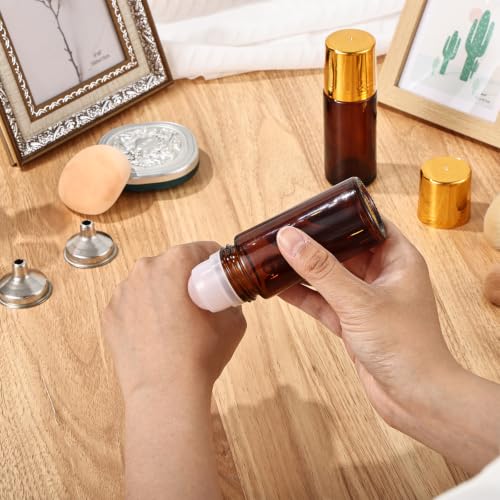 2 Pack 1.7oz Amber Glass Roll-On Bottles with Rose Quartz Roller for Essential Oils & Skincare