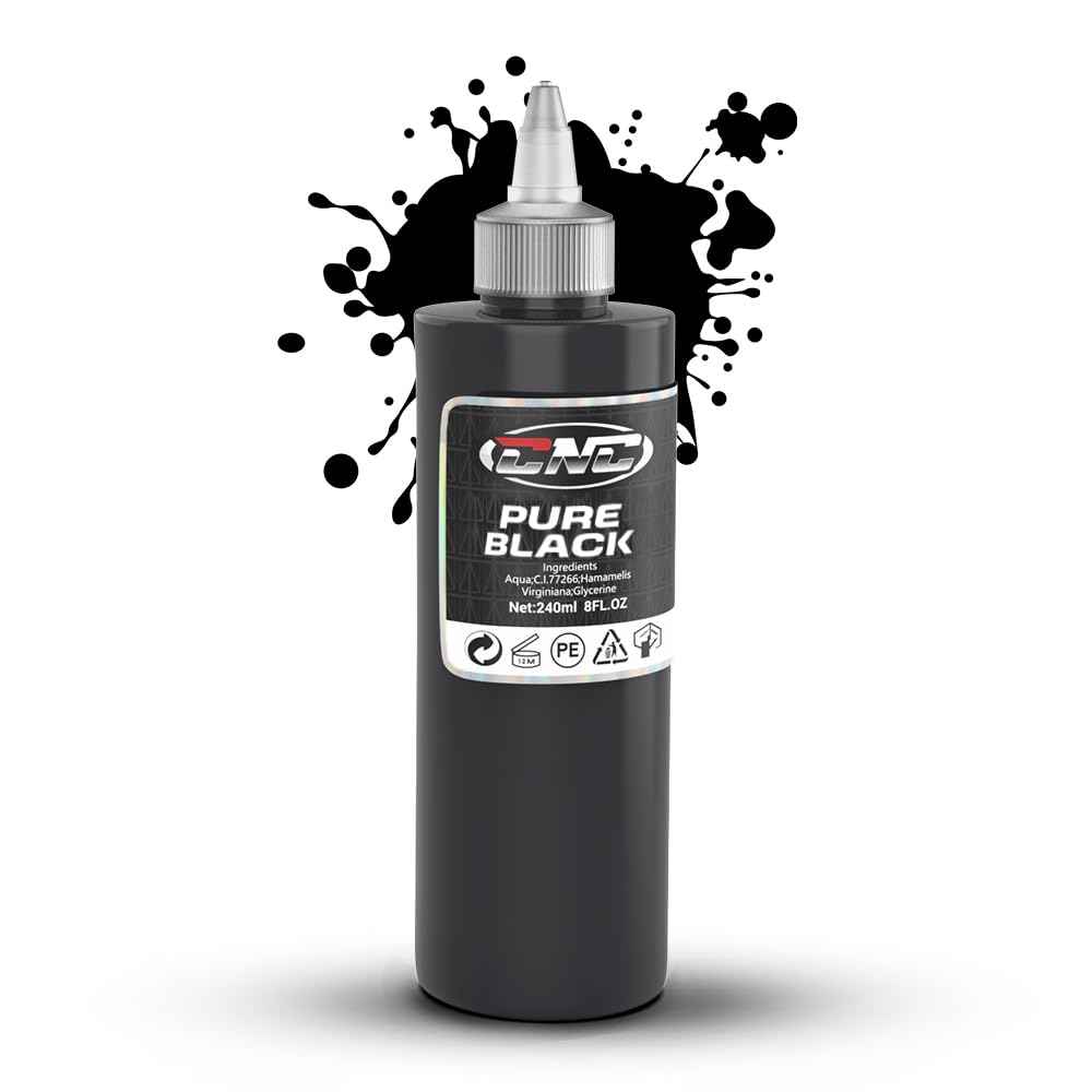 CNC 8oz Black Tattoo Ink Set 240ml Pure Black Vegan-Friendly Pigment Professional Tattoo Supplies for Lining, Shading, Blending Premium Skin-Safe Inks TI6003-240-001
