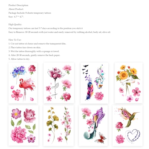 Flower Butterfly Temporary Tattoos for Women | 5-7 Day Wear