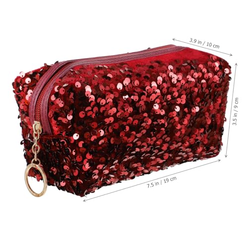 VALICLUD Sequin Cosmetic Bag, Portable Glitter Makeup Bag, Large Capacity Travel Toiletry, Dark Red Square Storage Pouch for Women