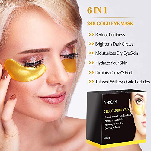 VERONNI Eye Lip Mask Set -20pcs Under Eye Patches,10pcs Gold Lip Mask -24K Gold Crystal Eye Lip Pads Treatment for Dry Lip,Dark Circles Eyes Moisturizing, Hydrating(Gold Eye Lip Mask Set)