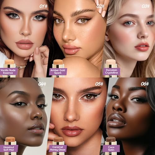 Foundation Stick with Brush, 6 Color Matching Stick Foundation Makeup for Dark Deep Skin Tones, Medium to Full Coverage Foundation Stick, Portable Cream Stick Foundation Makeup for Mature Skin