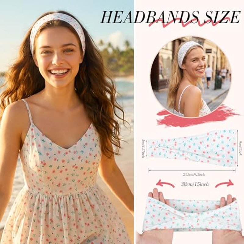 8 Pack Pink Floral & Stripe Headbands for Girls - Non-Slip