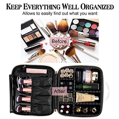 Travel Makeup Bag 10.4 Inches Portable Makeup Train Case Cosmetic Bag Organizer with Adjustable Dividers and Shoulder Strap for Cosmetics Brushes Toiletry Jewelry Digital Accessories (Marble)