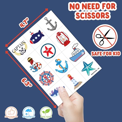 Nautical Temporary Tattoos - 96 PCS Pre-cut Stickers, 8 Sheets