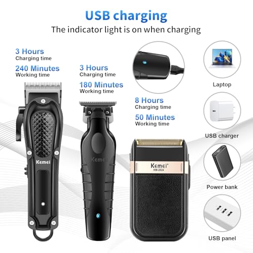 KEMEI Professional Hair Clippers for Men, Cordless Barber Clipper T-Blade Beard Trimmer Foil Shaver Set, Rechargeable Electric Fade Clipper Hair Cutting Kit, KM-1071, KM-2299, KM-2024