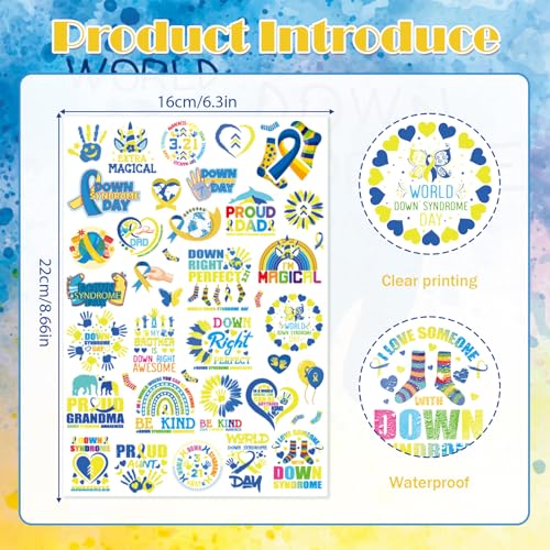 8 Sheets 200+ Down Syndrome Awareness Temporary Tattoos Stickers World Down Syndrome Day Party Decorations Favors 21 March Care Blue Yellow Ribbon Tattoo Stickers Gifts Rewards Supplies