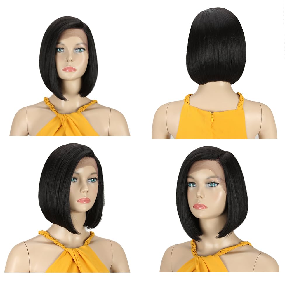 DÉBUT Synthetic Lace Front Wigs for Women, HD Lace Side Part Straight Bob Wig, Short Black Bob Heat Resistant Fibers 1B Color Asymmetrical 9.5 Inches