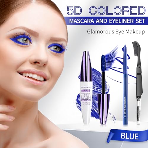 Blue Mascara and Eyeliner Set,5D Colored Mascara Volume and Length Waterproof,Natural Curling Lengthening,Suitable for Women Eye Makeup