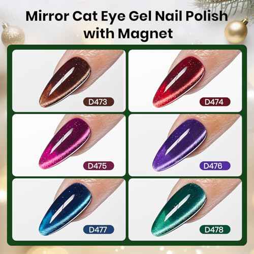 Beetles Velvet Starlight Cat Eye Gel Nail Polish Set, 6 Colors Christmas Gel Nail Kit Glitter Red Green Pink Shiny Brown Burgundy Purple Blue Magnetic Effect Soak Off UV Manicure Gifts for Women