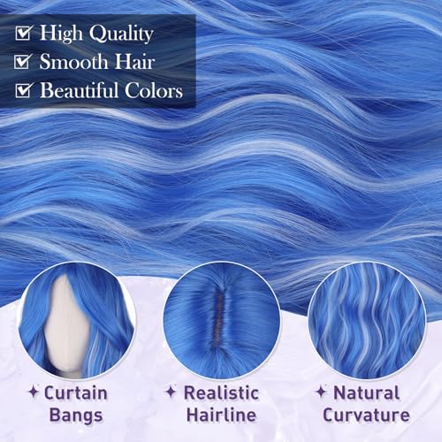 Blue Wavy Wig with Curtain Bangs - 26 Inch Synthetic Hair