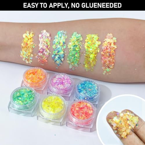6 Colors Glow Body Glitter Gel, Glow in The Dark Hair Face Glitter Gel, Rave Accessories for Festivals Carnival UV Black Light Party