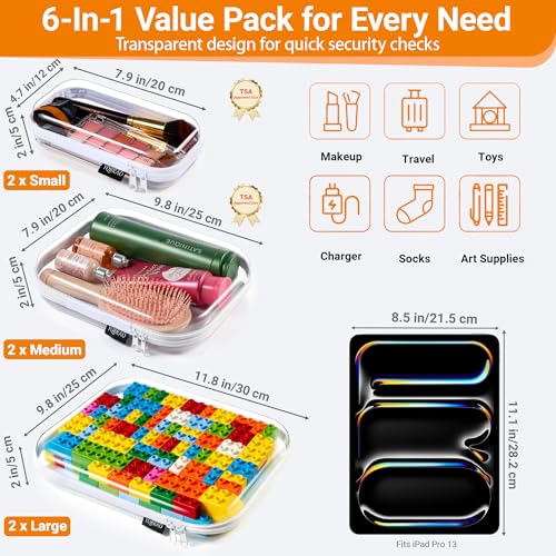 6 Pack Clear Hard Shell Storage Pouches - TSA Approved Organizer