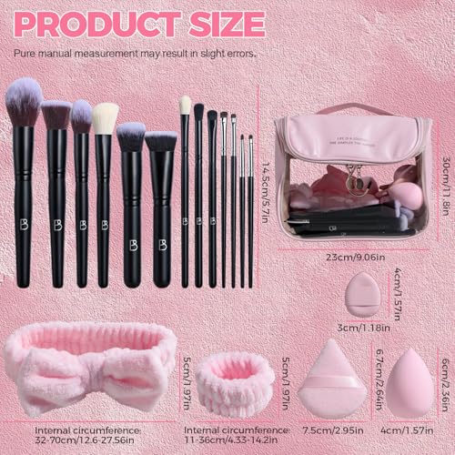BS-MALL Makeup Brush Set with Waterproof Travel Bag & Makeup sponges -26 Pcs Set Triangle Puff & Face Washing Puffs,Face Wash Headband Wristband for Travel Go Camping Gift & Makeup Beginners (Pink)