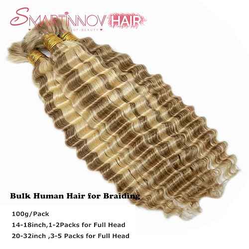 Boho Braids Human Hair Knotless Ombre Blonde Human Braiding Hair 14 Inch 27/613 Ombre Water Wave Bulk Human Hair for Braiding Wet and Wavy No Weft 100g 2 Bundles Curly Human Hair Extensions