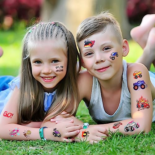 75 PCS Toddler Tattoos Hot Wheels Birthday Decorations Hot Wheels Party Favors, Kids Tattoos Temporary for Boys Monster Truck Racing Car Flag Fake Tattoo Stickers