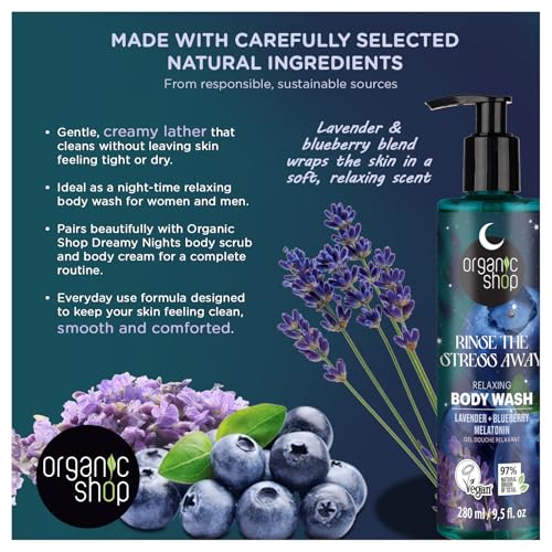 Organic Shop Relaxing Body Wash with Organic Lavender, Blueberry & Melatonin, Natural Vegan Shower Gel, Paraben Free, Silicone Free, Gentle Moisturizing Bodywash for Women & Men, Made in Europe