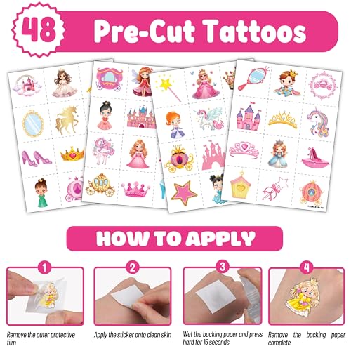 72PCS Little Princess Party Set - 48PCS Temporary Tattoos & 24PCS Slap Bracelets - Cute Birthday Supplies, Baby Shower Gifts, Classroom Rewards & Princess-Themed Decor for Girls